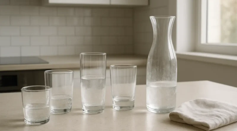 Verres blancs maison avec voile de calcaire dans une cuisine moderne