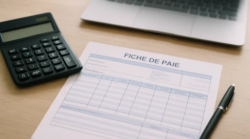 Fiche de paie française sur un bureau avec calculatrice et ordinateur portable