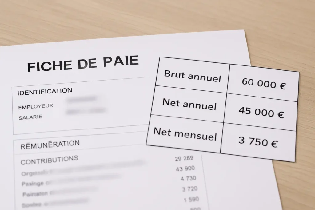 Fiche de paie générique et tableau de conversion brut annuel vers net annuel et net mensuel