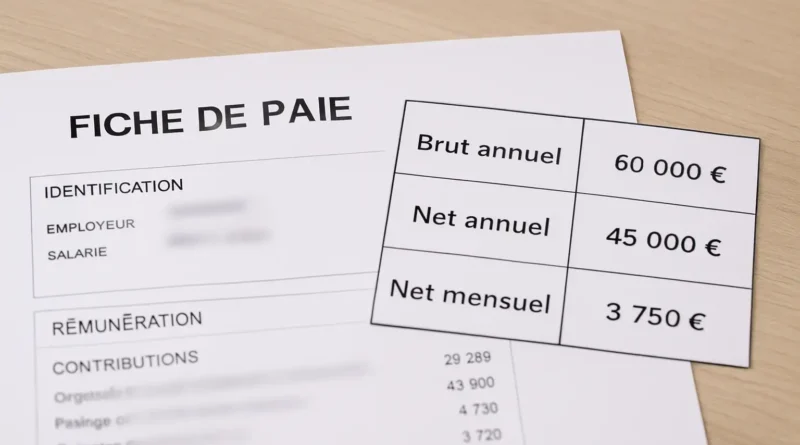 Fiche de paie générique et tableau de conversion brut annuel vers net annuel et net mensuel