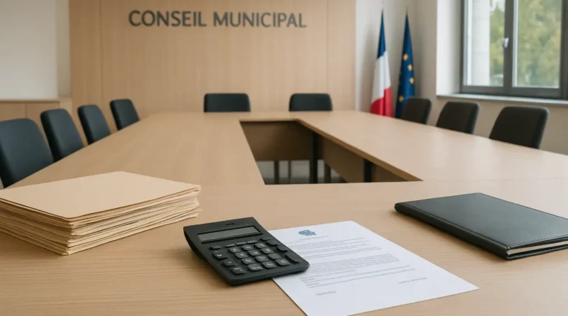 Salle de conseil municipal avec documents et calculatrice pour illustrer l’indemnité d’un adjoint au maire
