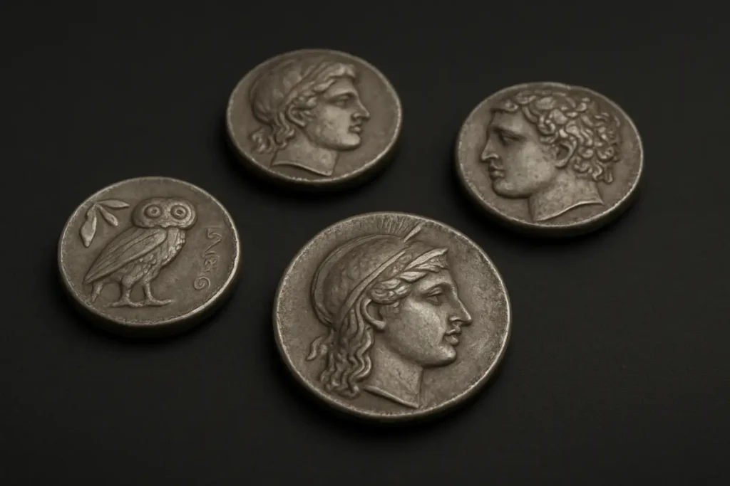 Monnaies grecques antiques en argent, dont une drachme et un tetradrachme