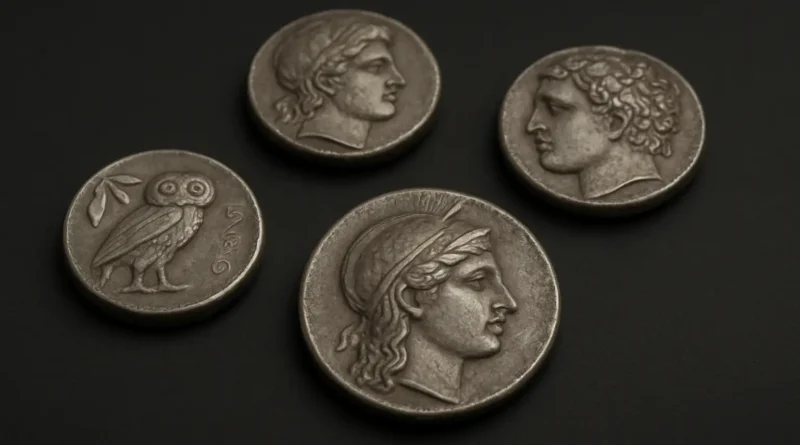 Monnaies grecques antiques en argent, dont une drachme et un tetradrachme