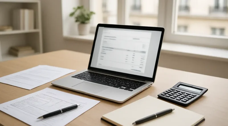 Bureau moderne avec ordinateur portable, documents et calculatrice illustrant le cumul entre emploi salarié et micro-entreprise