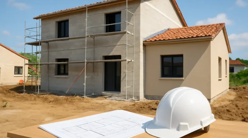 Maison individuelle neuve en construction avec plans et casque de chantier, illustrant les avis sur Maisons Pierre