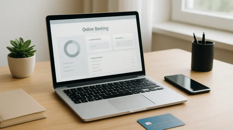 Bureau avec ordinateur et smartphone illustrant l’accès à un compte bancaire en ligne