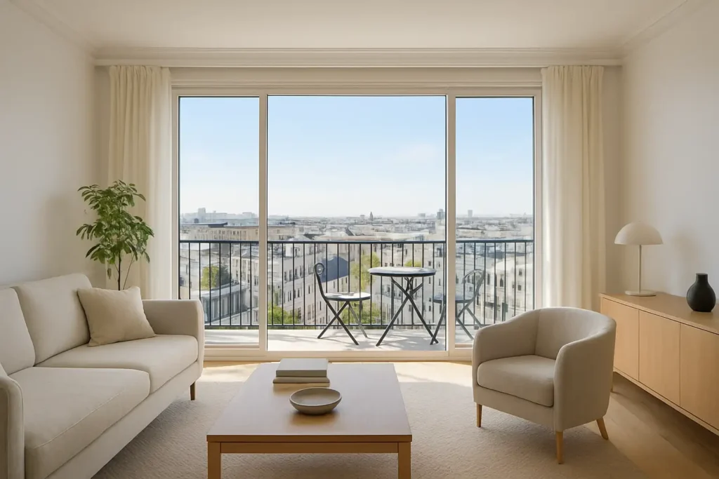 Salon d’appartement avec grande terrasse et vue dégagée, illustrant un complément de loyer