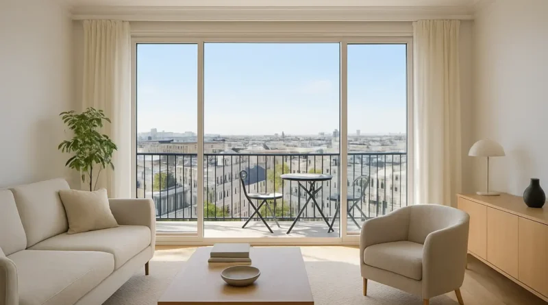 Salon d’appartement avec grande terrasse et vue dégagée, illustrant un complément de loyer