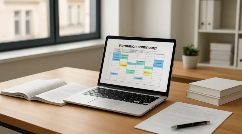 Bureau moderne avec ordinateur et documents de formation illustrant la différence entre formation initiale et formation continue