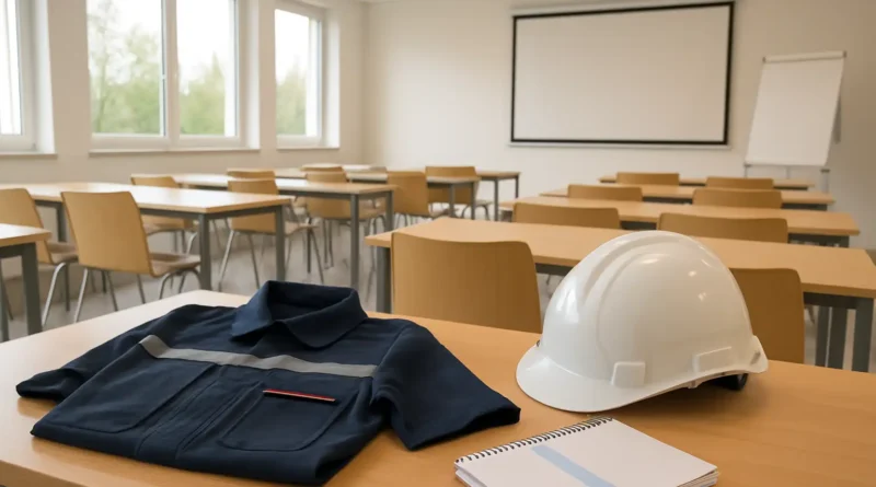 Salle de formation d’ambulancier avec matériel professionnel et dossier de cours