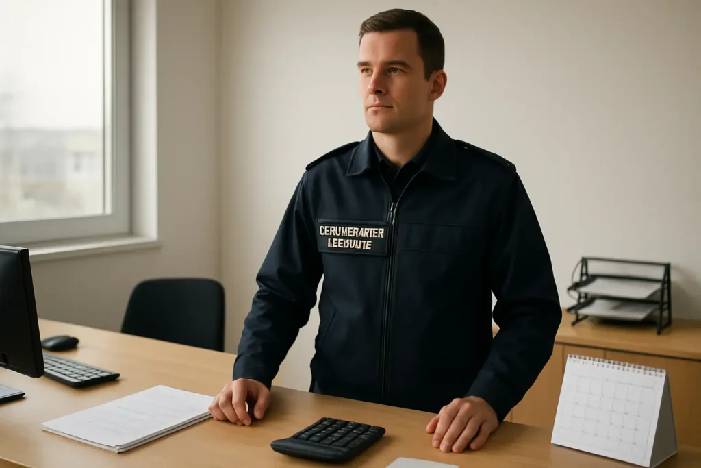 Gendarme réserviste en tenue près d’un bureau avec documents de paie et calculatrice