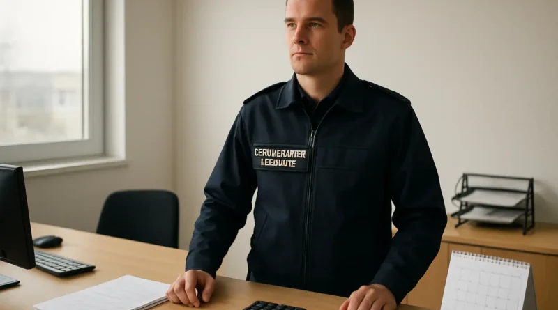 Gendarme réserviste en tenue près d’un bureau avec documents de paie et calculatrice