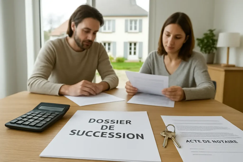 Maison familiale avec documents de succession et clés, illustrant un héritage entre frère et sœur
