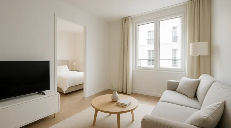 Intérieur lumineux d’un appartement T2 moderne avec séjour et chambre séparée