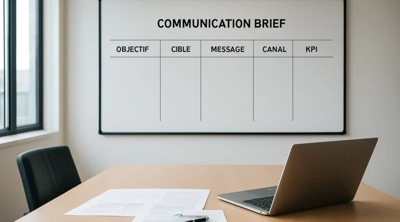 Tableau de brief de communication avec objectif, cible, message, canal et KPI dans une salle de réunion moderne.