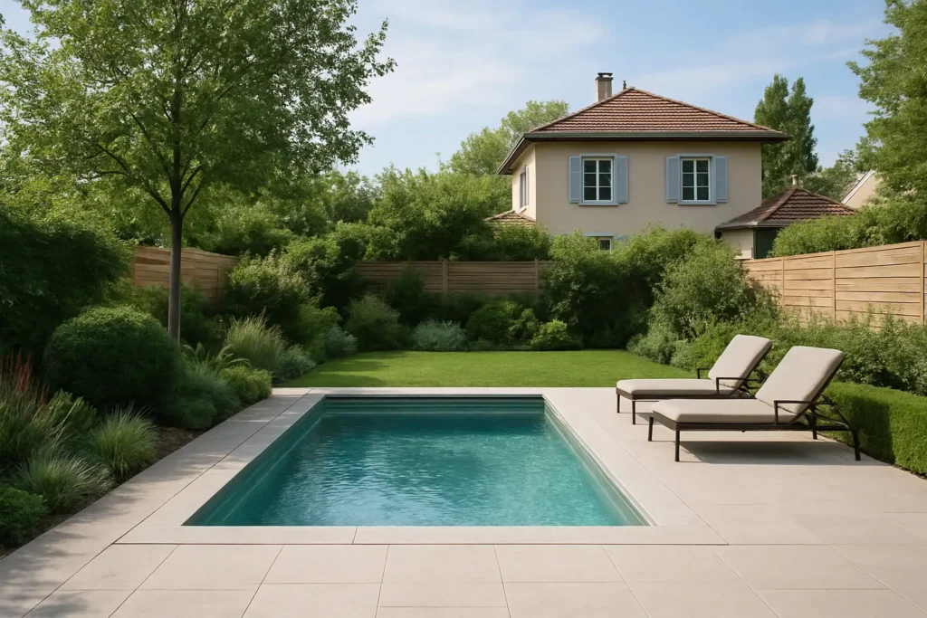 Petite piscine privée dans un jardin de maison en France