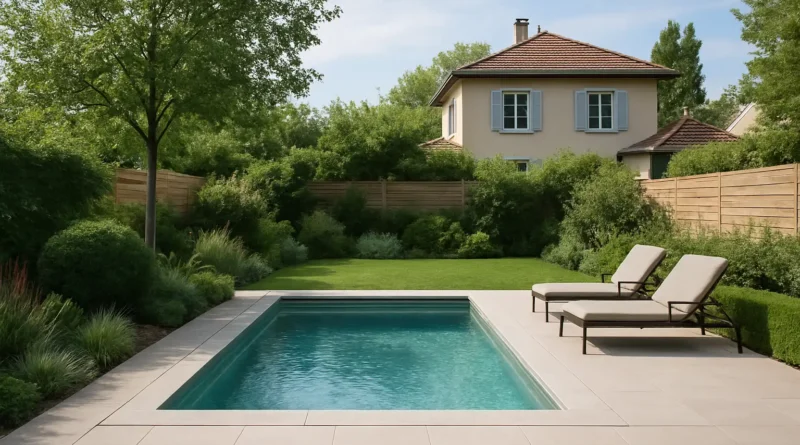 Petite piscine privée dans un jardin de maison en France
