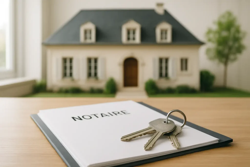 Dossier notarié et clés sur une table évoquant le portage immobilier