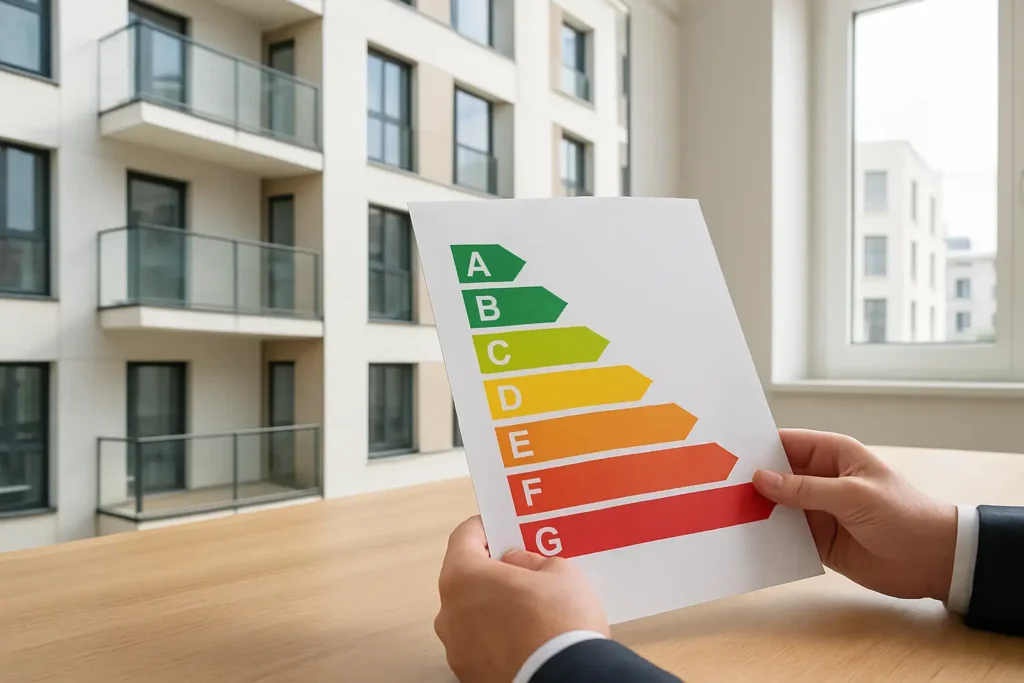 Diagnostic de performance énergétique affiché dans un intérieur de logement, illustrant le tableau DPE 2024