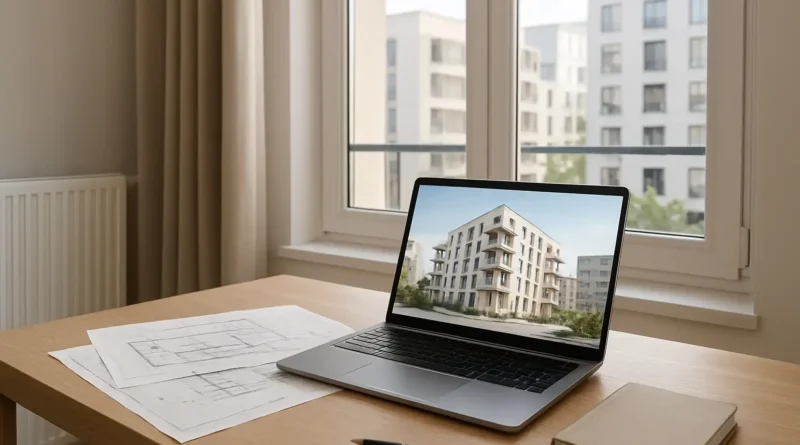 Appartement lyonnais avec ordinateur affichant une simulation d’investissement immobilier