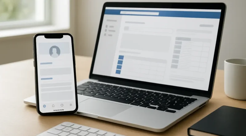 Bureau moderne avec écran de réseau social professionnel et ordinateur de bureau évoquant Microsoft