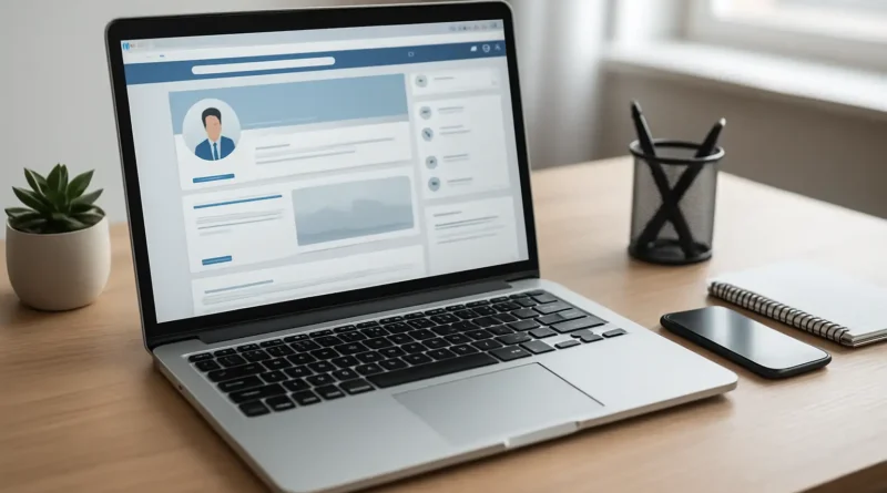 Ordinateur portable affichant un réseau social professionnel dans un bureau moderne