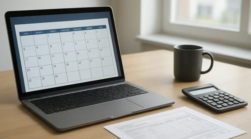Bureau avec calendrier de paie, fiche de paie et calculatrice pour la fonction publique