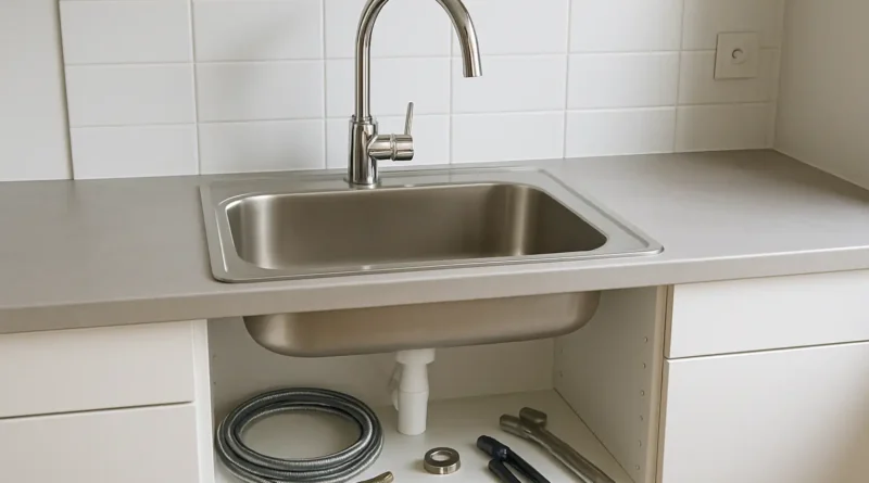Robinet de cuisine en cours de remplacement sous un évier avec outils de plomberie