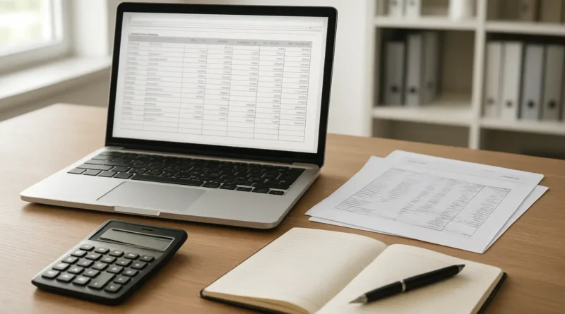Bureau de comptabilité avec relevés bancaires, calculatrice et écran d’ordinateur