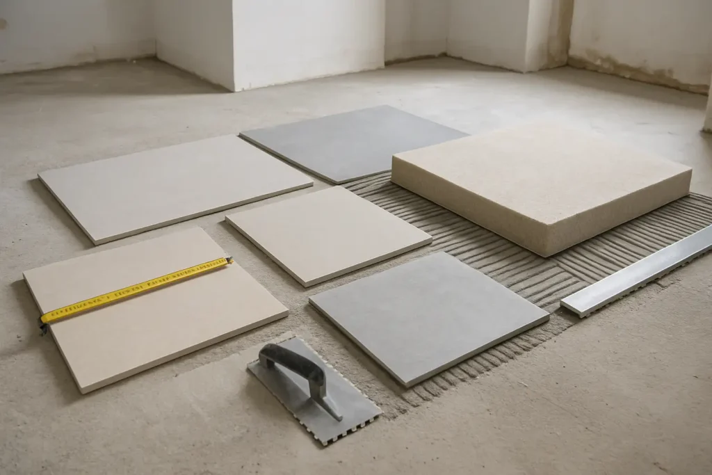 Chantier de rénovation avec échantillons de carrelage de différentes épaisseurs, mètre ruban et outils de pose