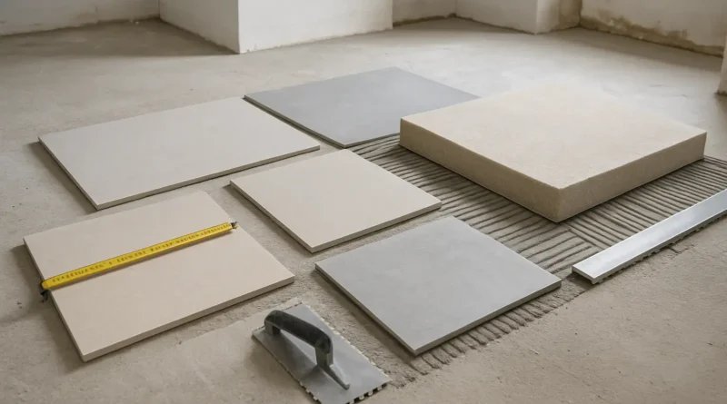 Chantier de rénovation avec échantillons de carrelage de différentes épaisseurs, mètre ruban et outils de pose