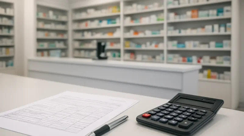 Feuille de paie et calculatrice dans une pharmacie d’officine moderne