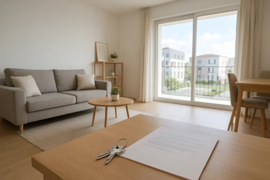 Appartement neuf prêt à être loué dans le cadre de la loi Pinel, avec clés et dossier immobilier sur une table