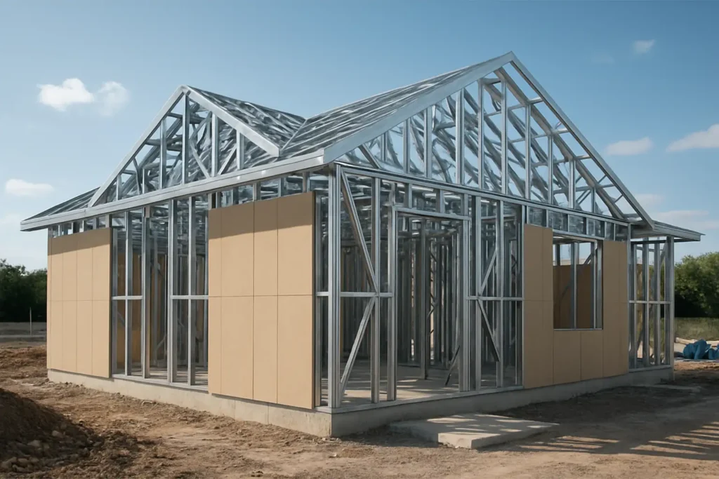 Maison individuelle en construction avec ossature métallique apparente et isolation partielle