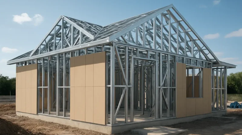 Maison individuelle en construction avec ossature métallique apparente et isolation partielle