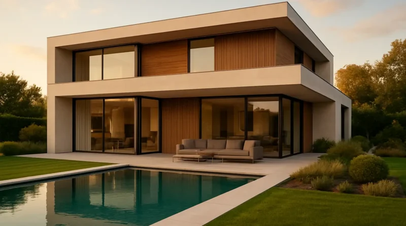 Villa contemporaine haut de gamme avec toiture plate, grandes baies vitrées et piscine à débordement