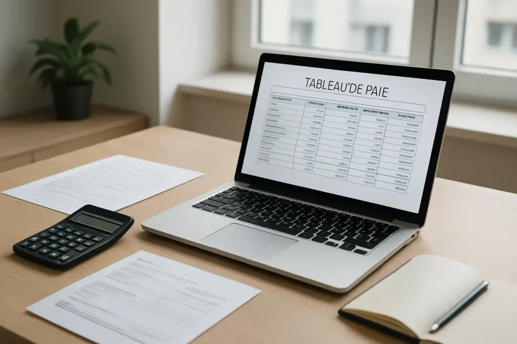 Bureau avec ordinateur, calculatrice et documents pour estimer le salaire d’un Master 2 en alternance