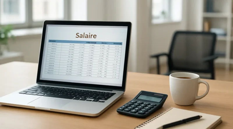 Bureau moderne avec ordinateur portable et calculatrice pour estimer le salaire d’un master en alternance
