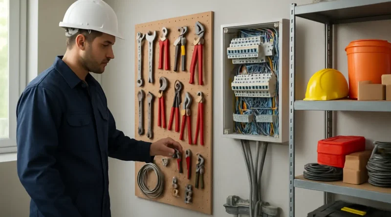 Technicien en formation devant des outils de plomberie et du matériel électrique dans un atelier