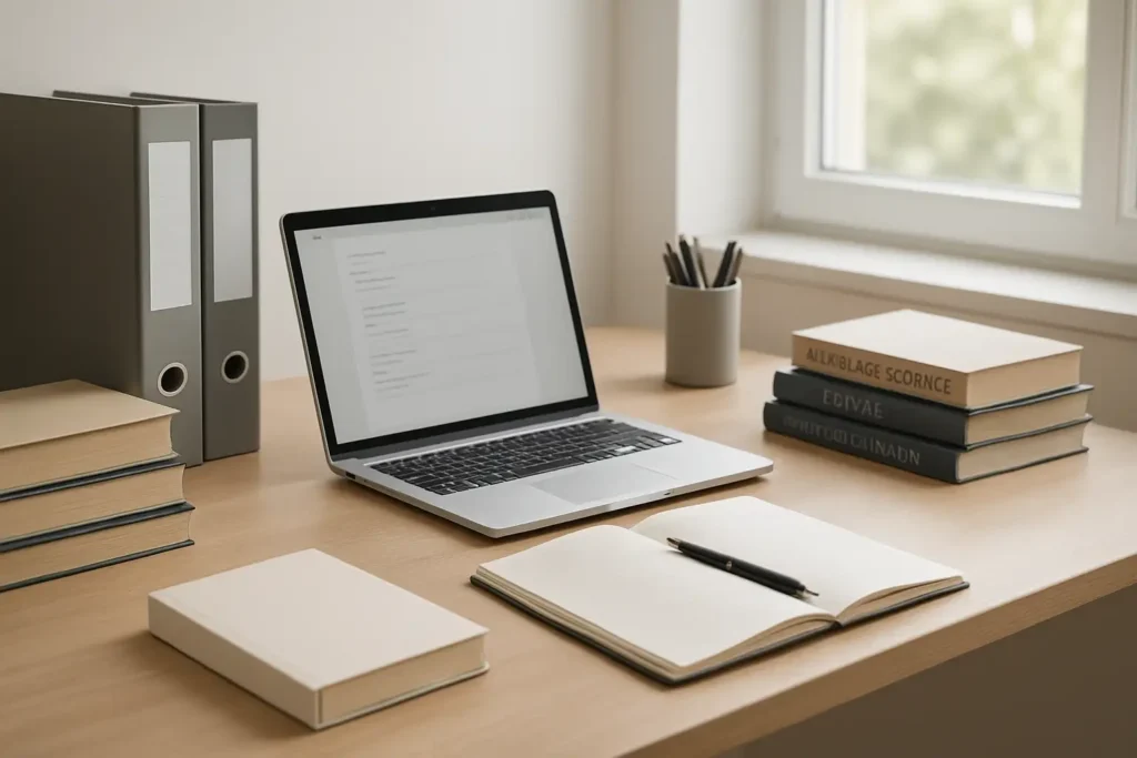 Bureau d’étude avec dossiers et livres pour une reconversion en orthophonie