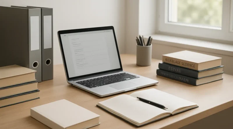 Bureau d’étude avec dossiers et livres pour une reconversion en orthophonie