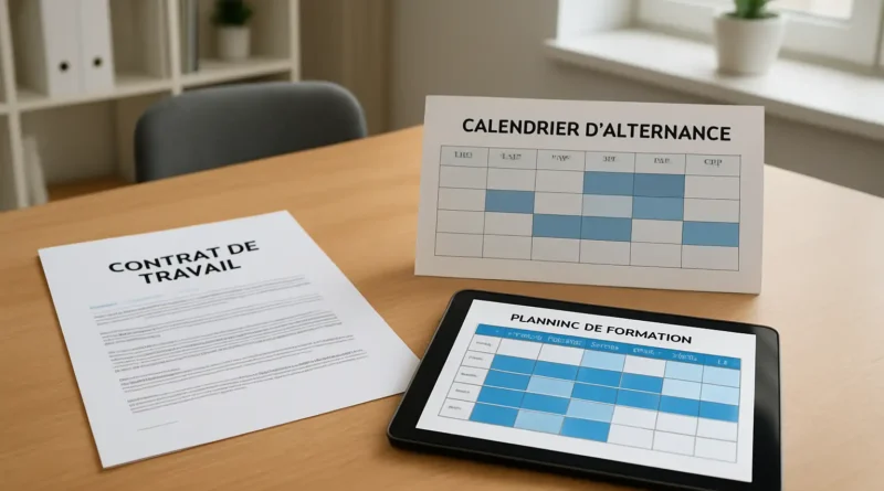 Bureau RH avec contrat d’alternance et calendrier de formation pour illustrer la période d’essai en alternance