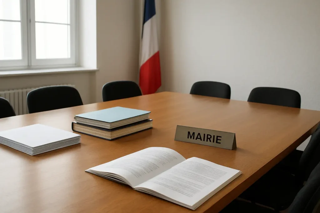 Salle de conseil municipal avec des documents administratifs liés à l’indemnité du 1er adjoint au maire.