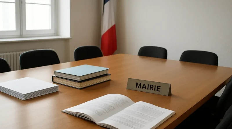 Salle de conseil municipal avec des documents administratifs liés à l’indemnité du 1er adjoint au maire.
