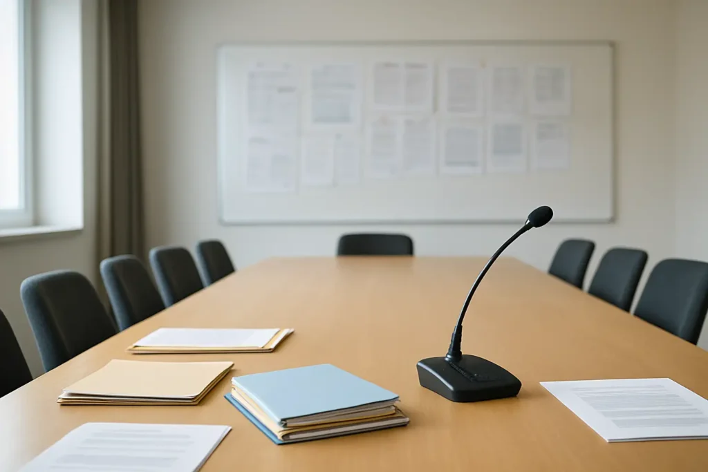 Salle de conseil municipal avec documents administratifs et micro de réunion
