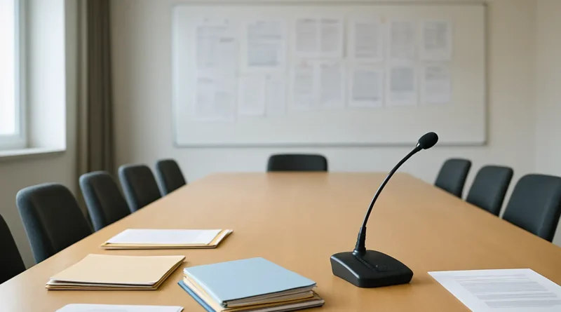 Salle de conseil municipal avec documents administratifs et micro de réunion