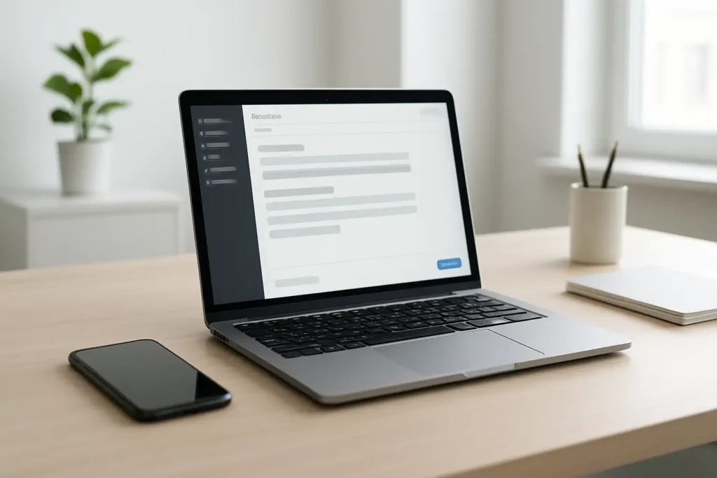 Ordinateur portable et smartphone montrant une campagne SMS marketing sur un bureau moderne