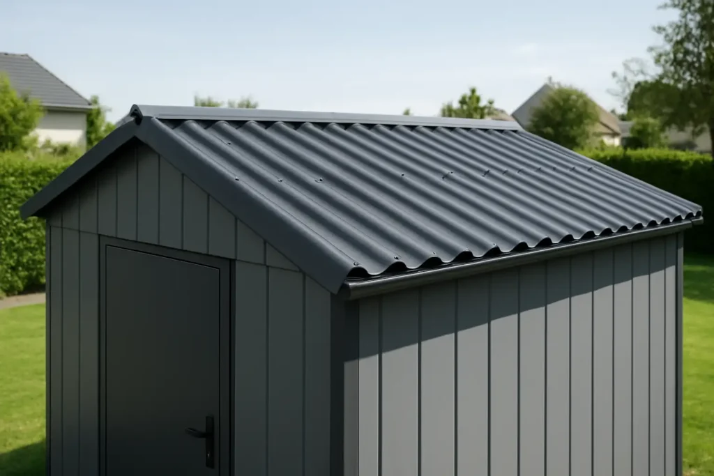 Toiture en tôle ondulée sur un petit garage résidentiel