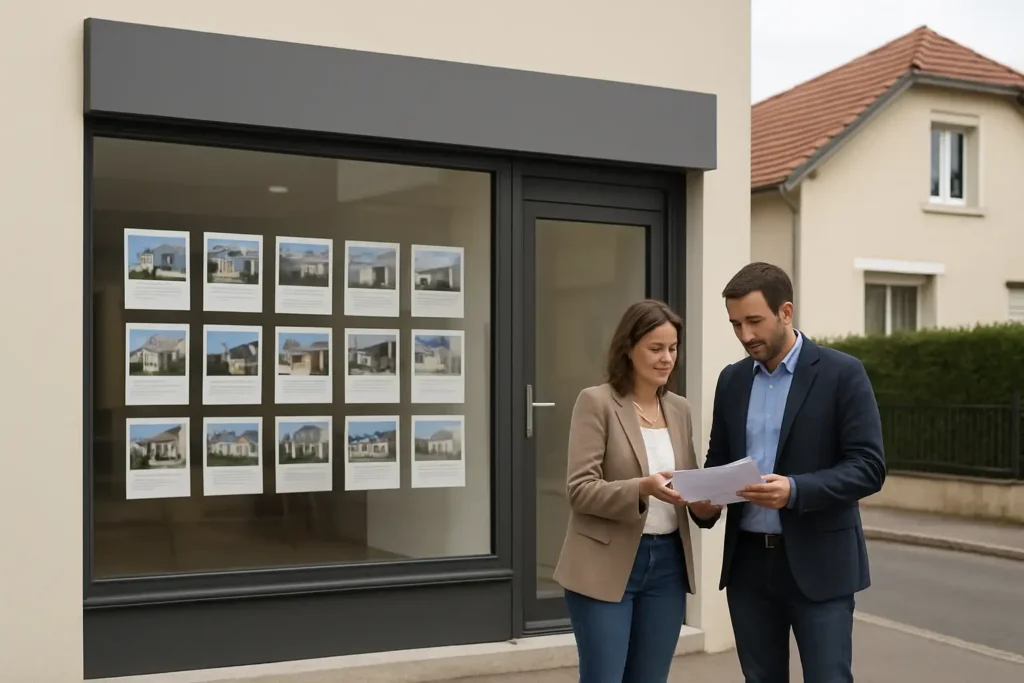 Agence immobilière locale avec un couple consultant un dossier de vente devant une maison