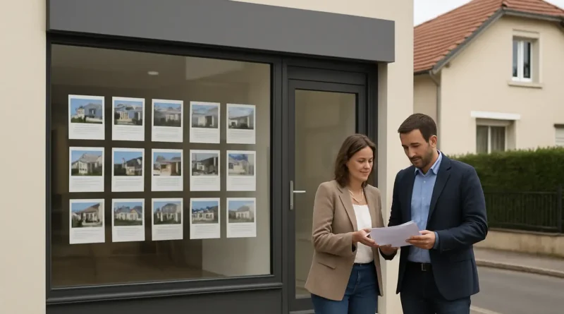 Agence immobilière locale avec un couple consultant un dossier de vente devant une maison